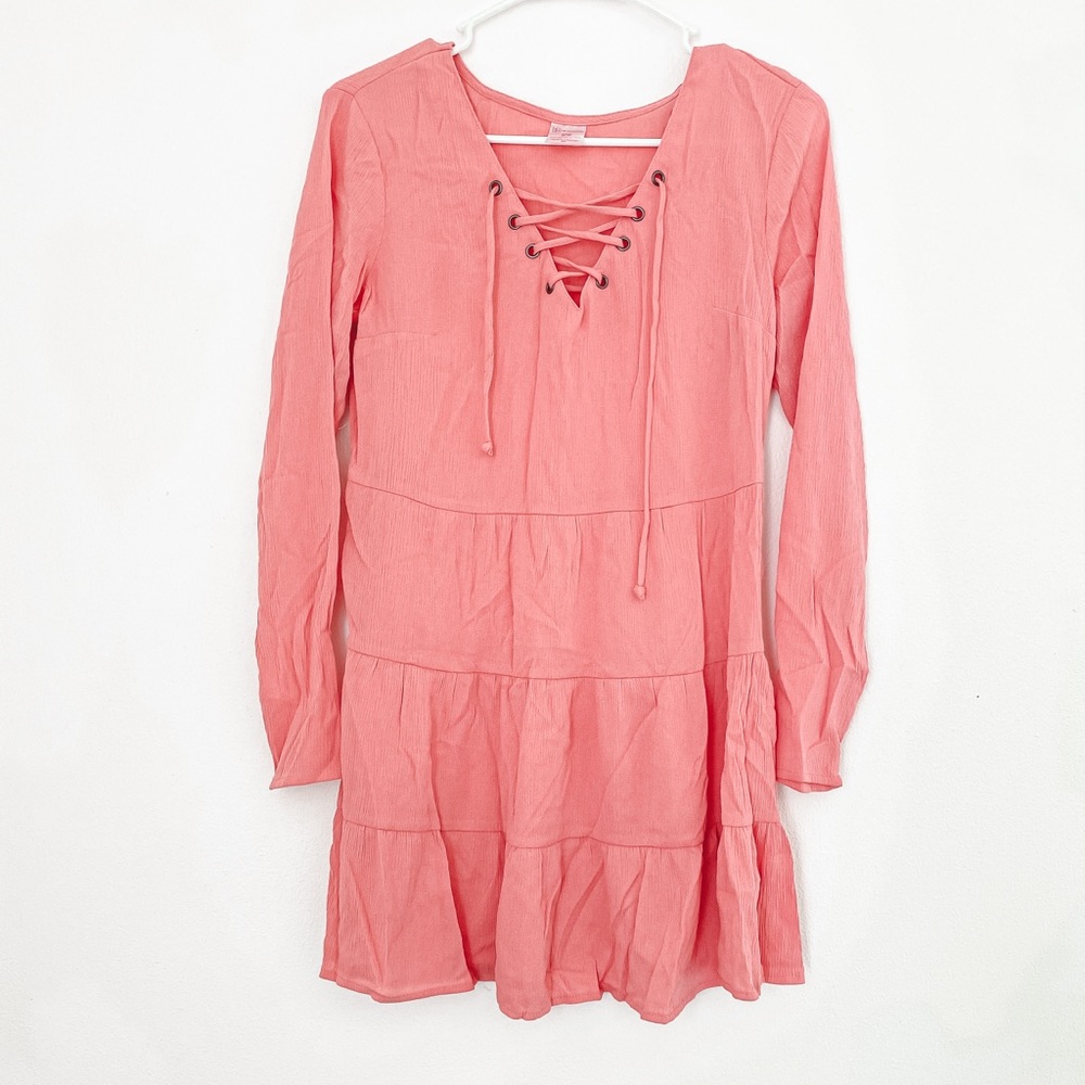No Boundaries orange coral Pink flowy long sleeve ruffle dress